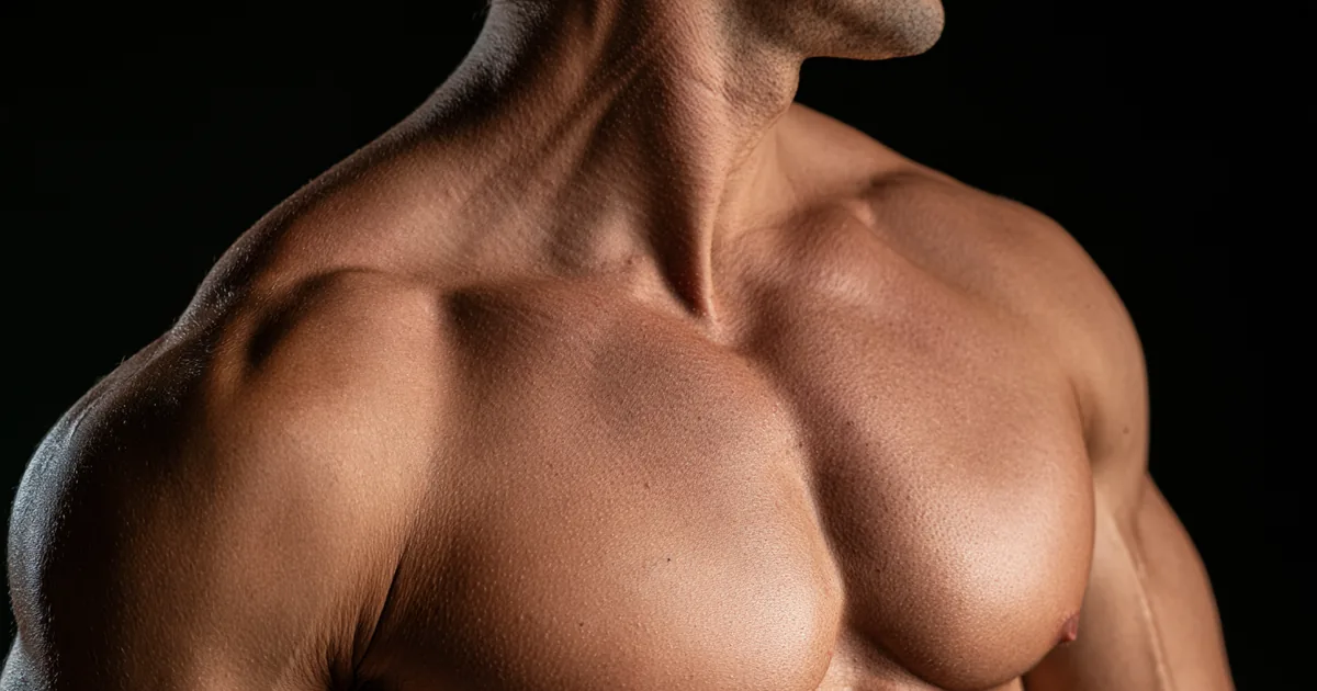 Buste d'homme muscl&eacute; en salle, illustration de la gyn&eacute;comastie li&eacute;e &agrave; la musculation